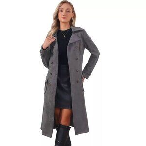 INSPIRE CHIC Women's Faux Suede Notched Lapel Double Breasted Belted Long Sleeve